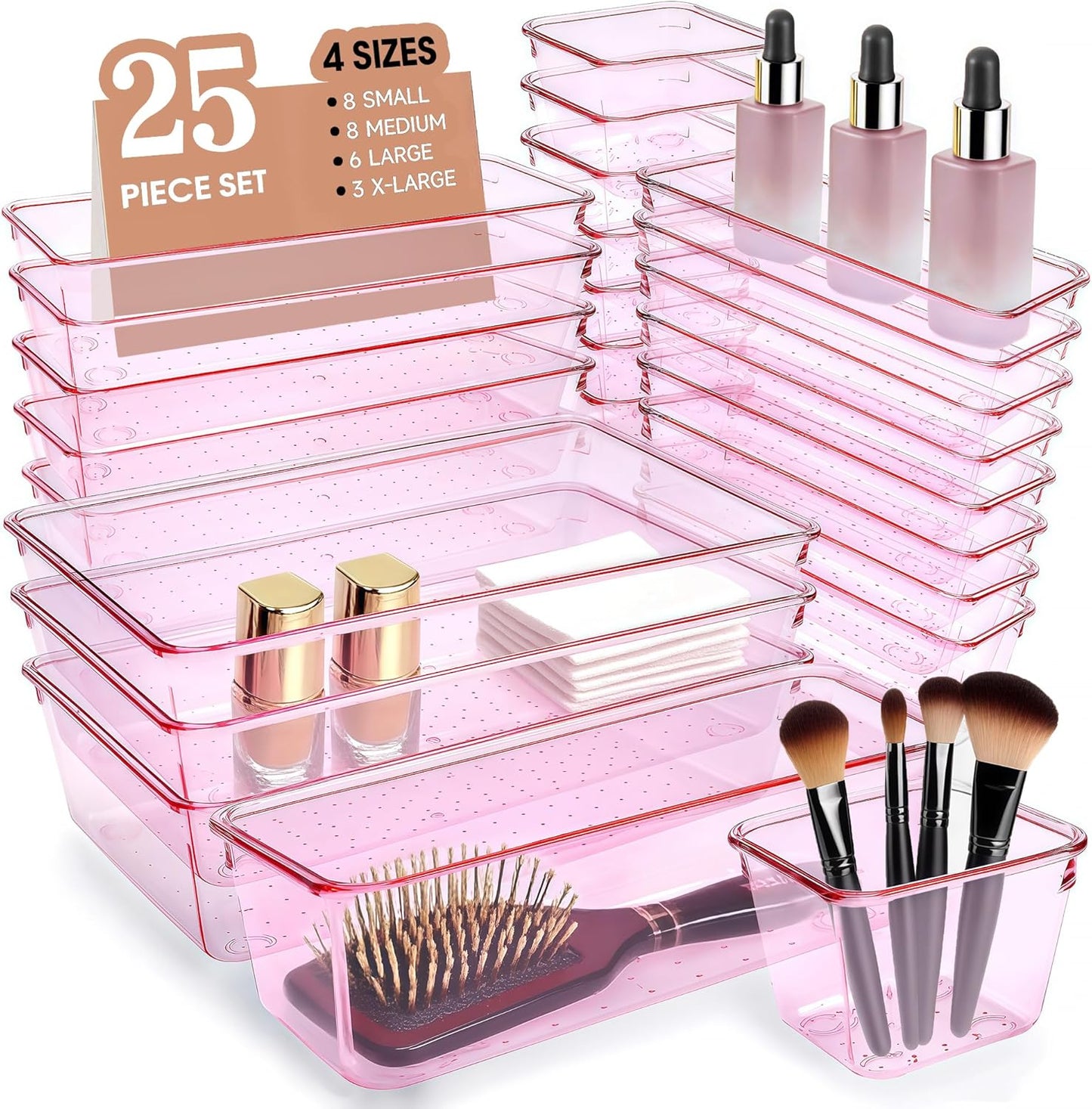 Clear Acrylic Drawer Organizers Set Storage for Makeup, Office Desk Small Vanity Trays for Drawer Bathroom Plastic Make up Organizers 25 Pcs
