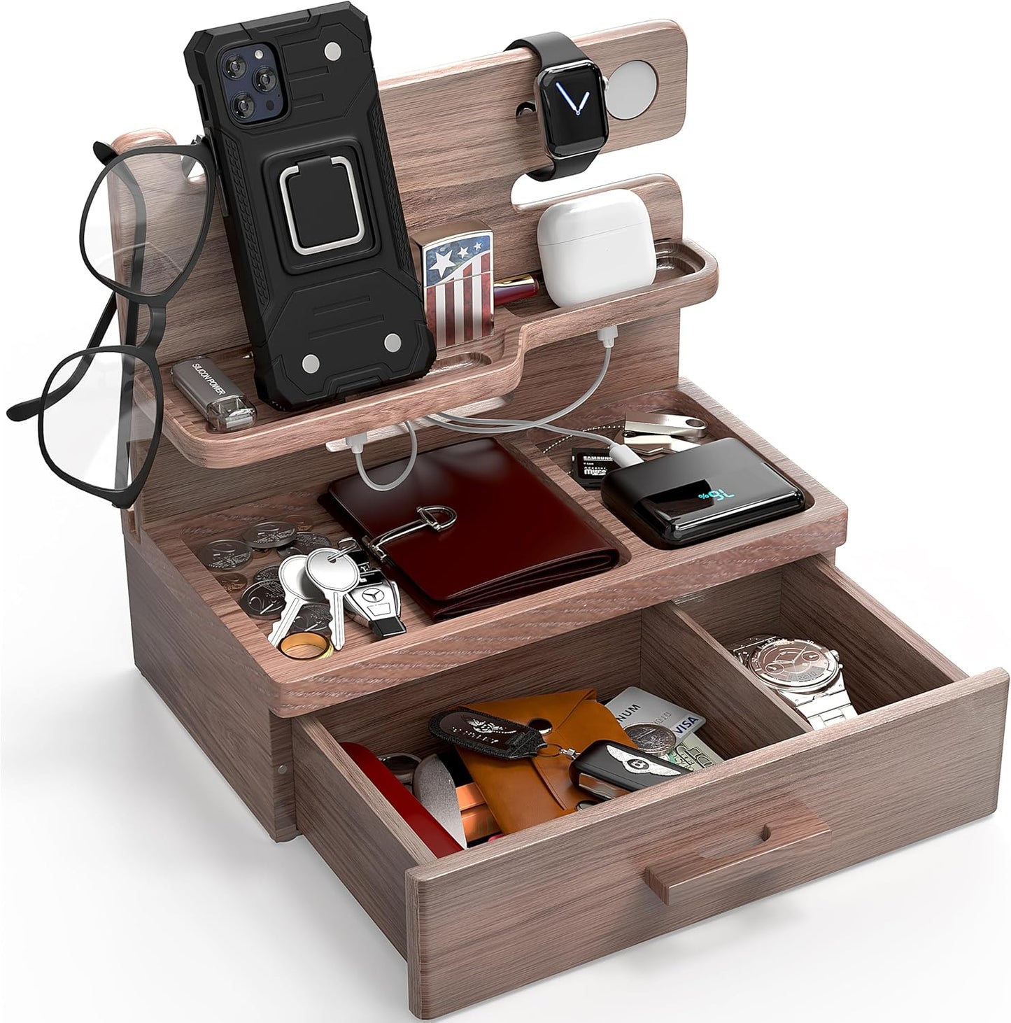 BarvA Phone Docking Station with Drawer Organizer | Night Stand Desk Charging Station | Upgraded Nightstand Organizer | Dresser Smart Watch Earbuds Phone Stand | Room Decor Gifts for Women Men Mom