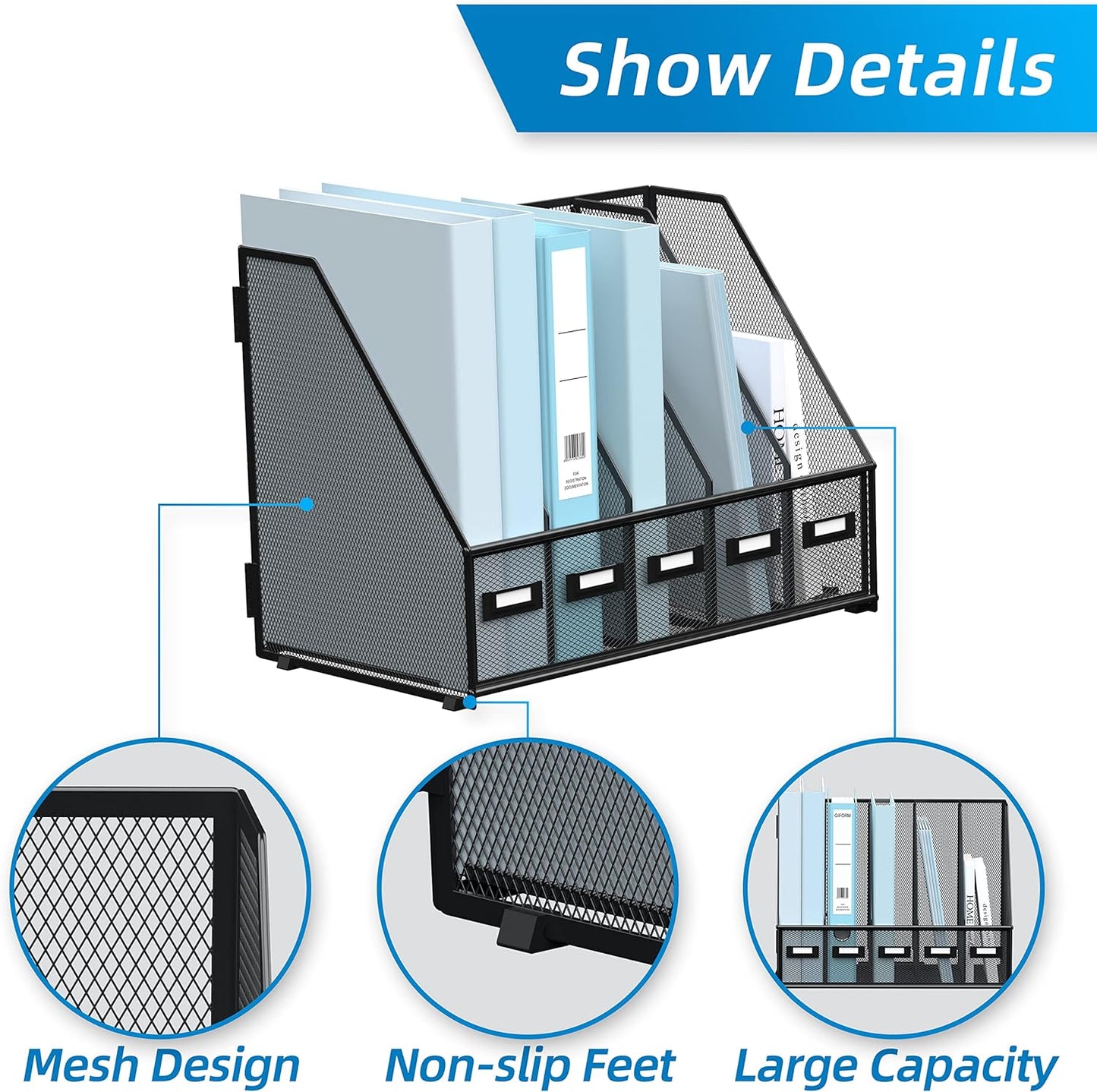 SUPEASY Desk Organizers Metal Desk Magazine File Holder with 5 Vertical Compartments Rack File Organizer for Office Desktop, Classroom, Home Workspace, Black