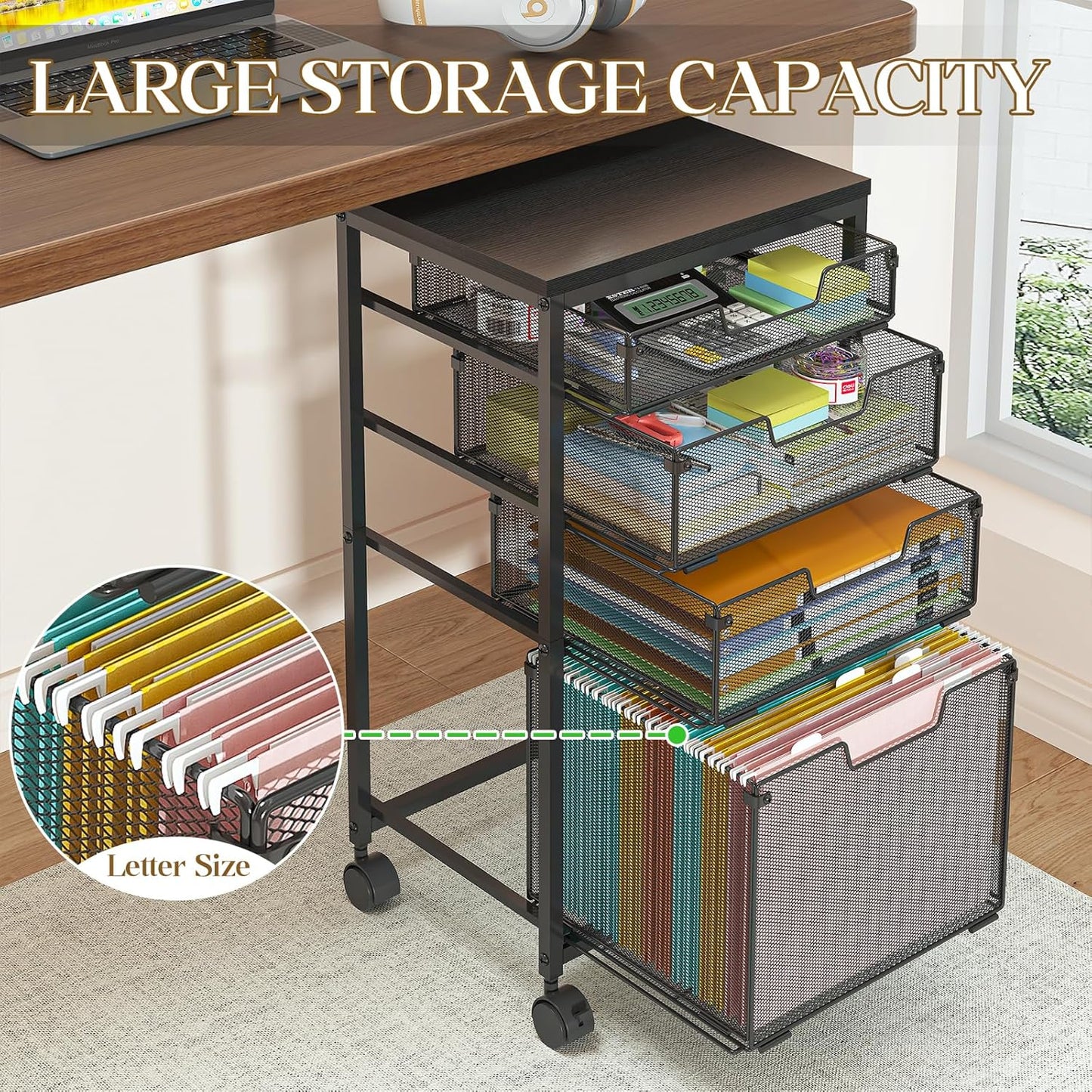 Sbanmao Rolling File Cart with 4 Storage Drawers, Mobile File Cabinet with Wheels, Hanging File Organizer, Under Desk Printer Stand Utility Cart Filing Cabinet for Home Office, Black