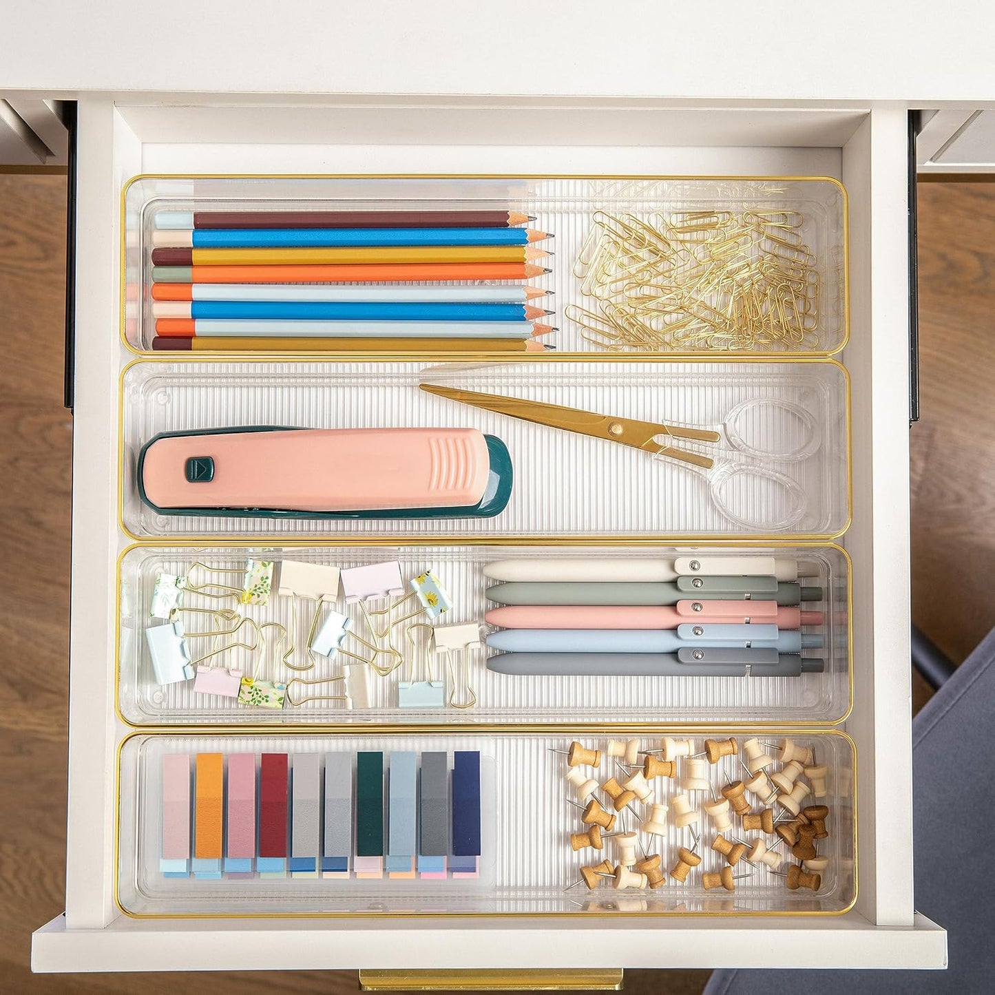 Martha Stewart Kerry Plastic Stackable Office Desk Drawer Organizers, 6" x 3", 6 Pack, with Gold Trim