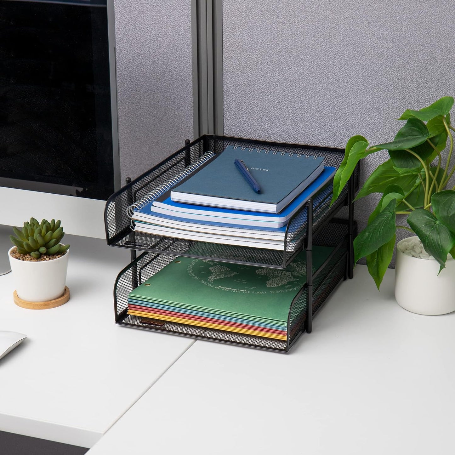 Mind Reader Paper Tray, Desk Organizer, Stackable, Storage, Office, Metal Mesh, 10.5" L x 13.25" W x 7.5" H, Set of 2, Black