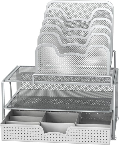 Simple Houseware Mesh Desk Organizer with Sliding Drawer, Double Tray and 5 Stacking Sorter Sections, Black