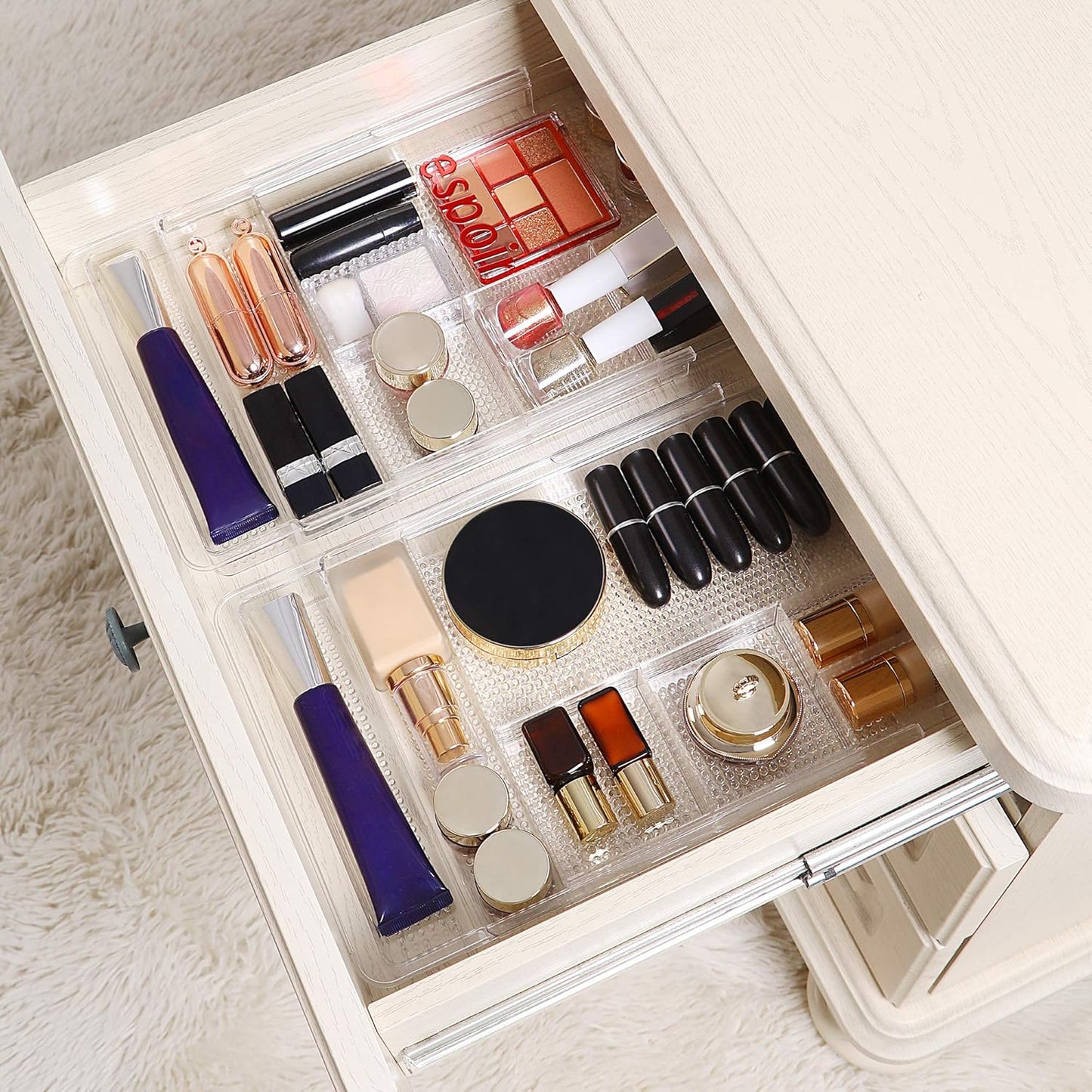 Oubonun Expandable Drawer Organizer 11.1” to 19.2” Width, Shallow Cosmetic Organizer 1.3” Height, 2 Packs, Clear Plastic Storage Trays for Dressing Table,Bathroom
