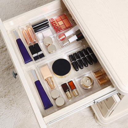 Oubonun Expandable Drawer Organizer 11.1” to 19.2” Width, Shallow Cosmetic Organizer 1.3” Height, 2 Packs, Clear Plastic Storage Trays for Dressing Table,Bathroom