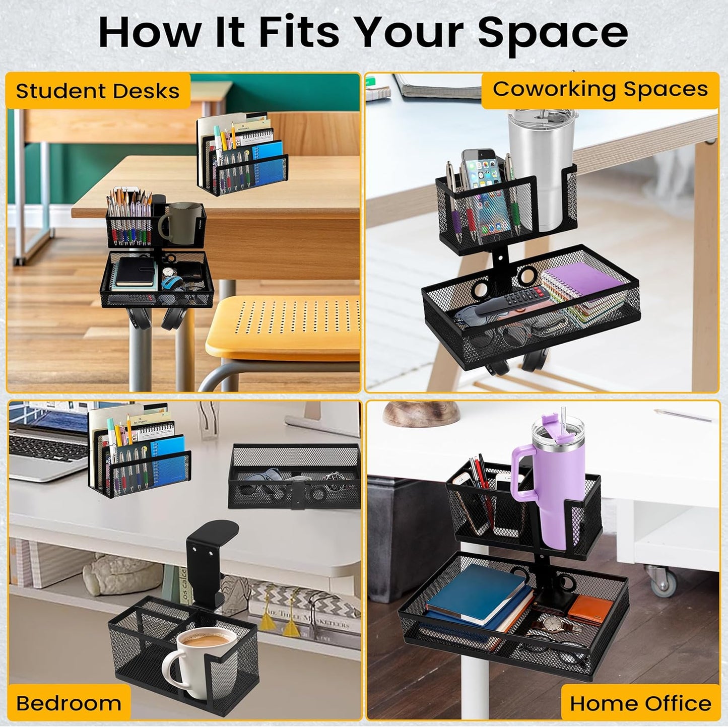 6-in-1 Clamp On Desk Organizer with Cup Holder & 360° Rotating Under Desk Drawer, Swappable Parts, Easy to Install Standing Desk Drawer Attachment, Space-Saving for Home & Office
