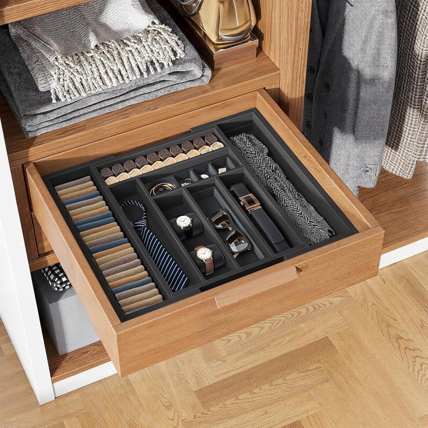 Pipishell Bamboo Expandable Silverware Drawer Organizer, Adjustable Kitchen Utensil Tray for Forks, Spoons and Knives, Wood Storage Cutlery Holder for Bedroom and Living Room