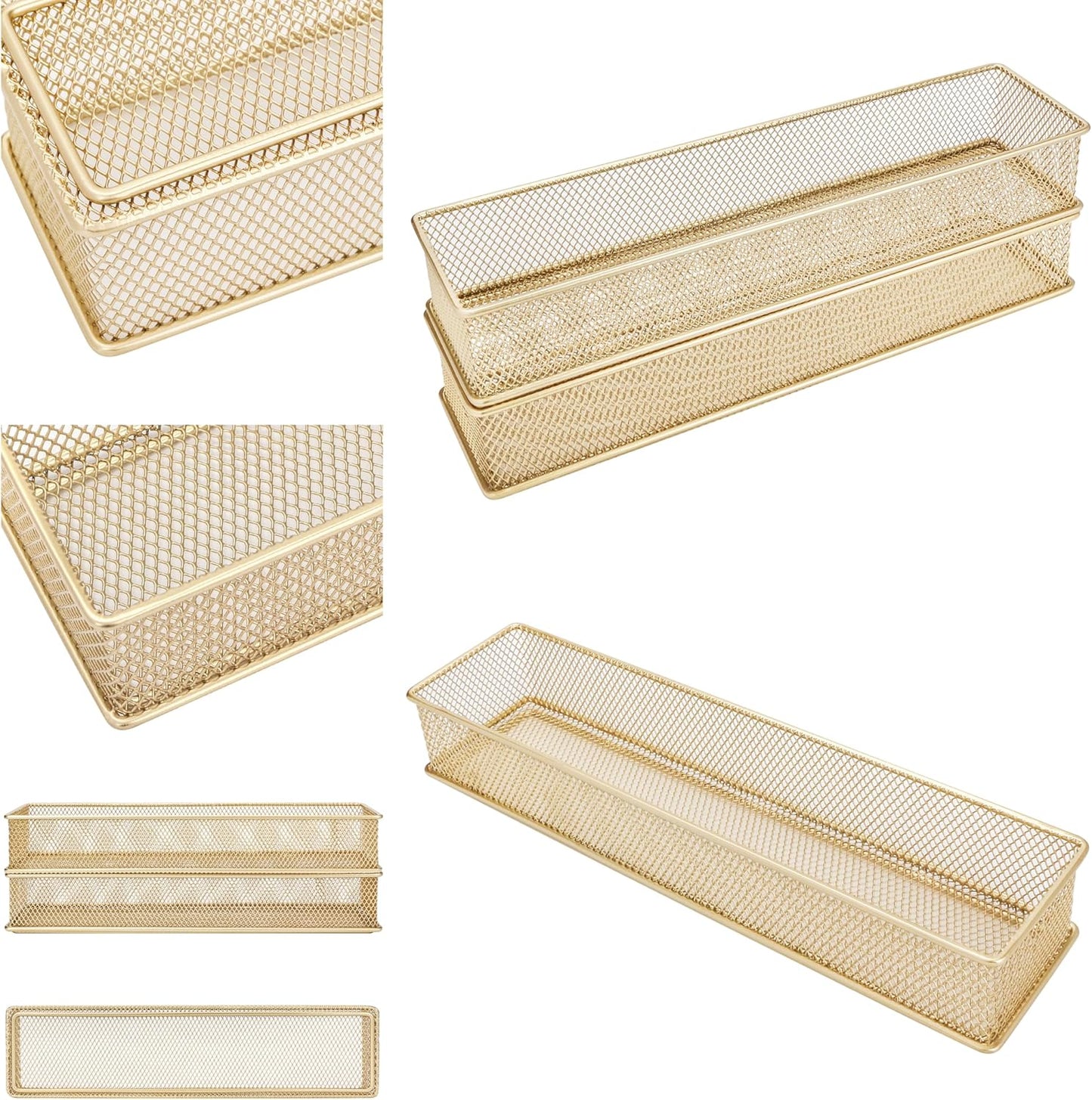 Annova Stackable Mesh Drawer Cabinet and Shelf Organizer Bins Storage Basket School Office Supply Holder Tray- Set of 2 (Gold, 3x3x2 Inch)