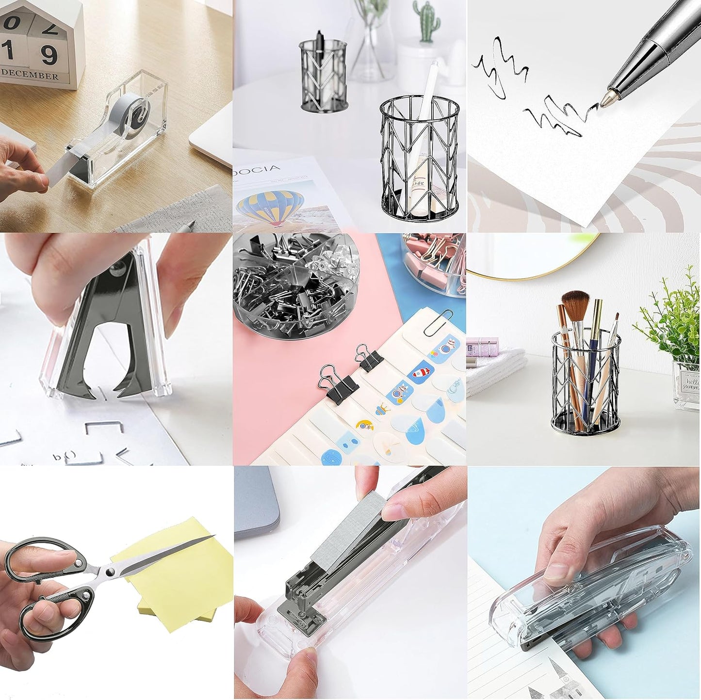 Famassi Rose Gold Desk Accessories，Office Supplies Set Acrylic Stapler Set Staple Remover, Tape Holder, 2 Ballpoint Pen, Scissor, Binder/Paper Clips and 1000pcs Staples.