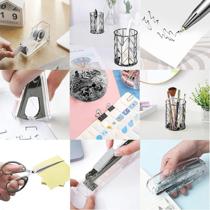 Famassi Rose Gold Desk Accessories，Office Supplies Set Acrylic Stapler Set Staple Remover, Tape Holder, 2 Ballpoint Pen, Scissor, Binder/Paper Clips and 1000pcs Staples.