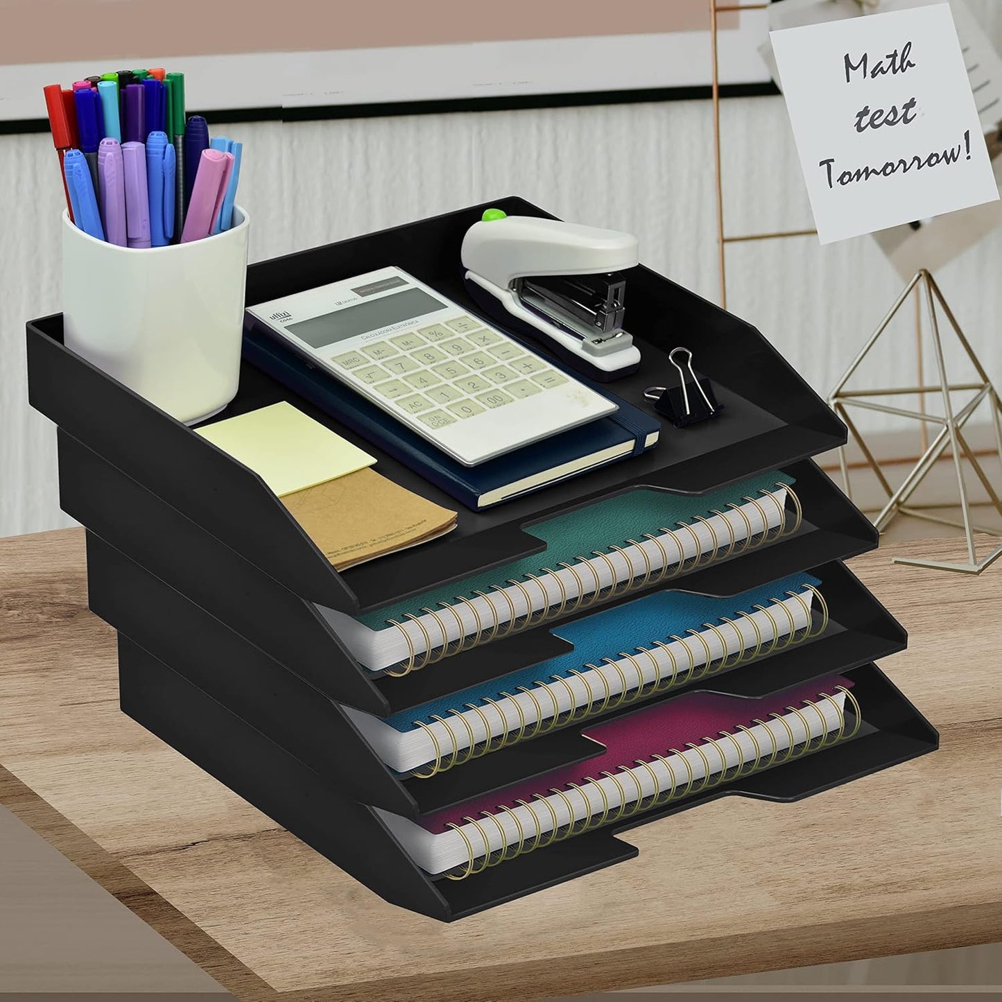 Acrimet 4 Tier Paper Organizer Letter Tray – Plastic Stackable Desk File Organizer, Side Load Paper Sorter for Letter/A4 Office File Folder Holder – Black
