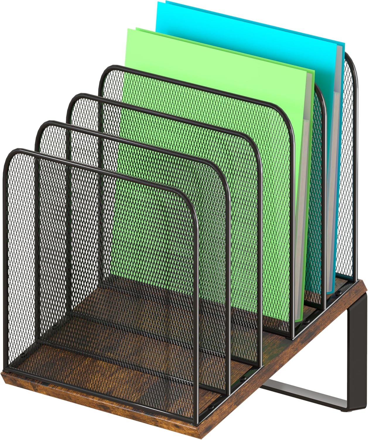 Piskyet Wooden Desk File Organizer, 5-Section Vertical File Folder Holder Stand,Metal Mail Paper Chromebook Organizer for Teacher Desk Office Classroom Desktop Organization（Inclined）
