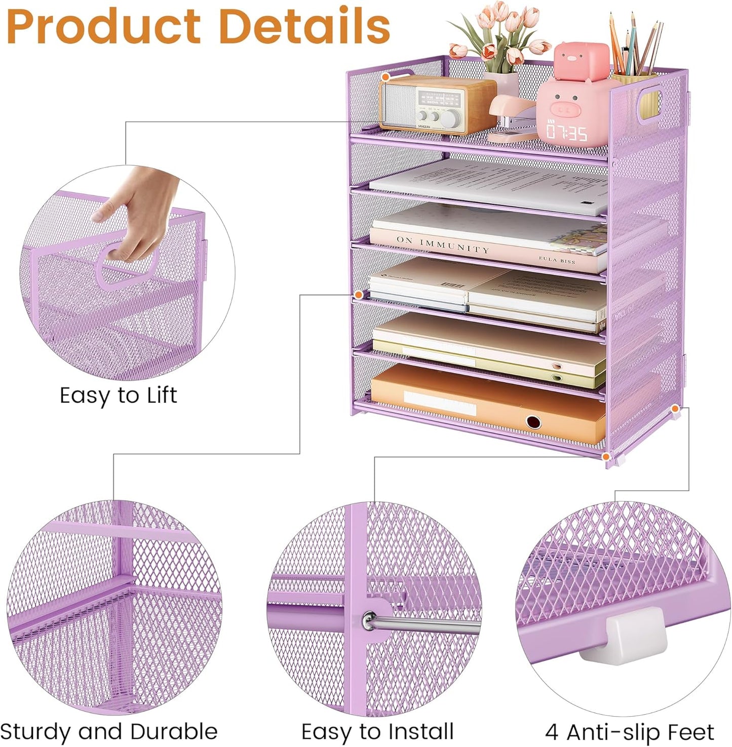Subekyu 6 Tier Office File Paper Desk Tray Organizer with Handle, Stackable Slide Mesh Letter Tray Folder Blue Desk Organizer, Desktop Document Sorter for Classroom, Office, Home Supplies Storage