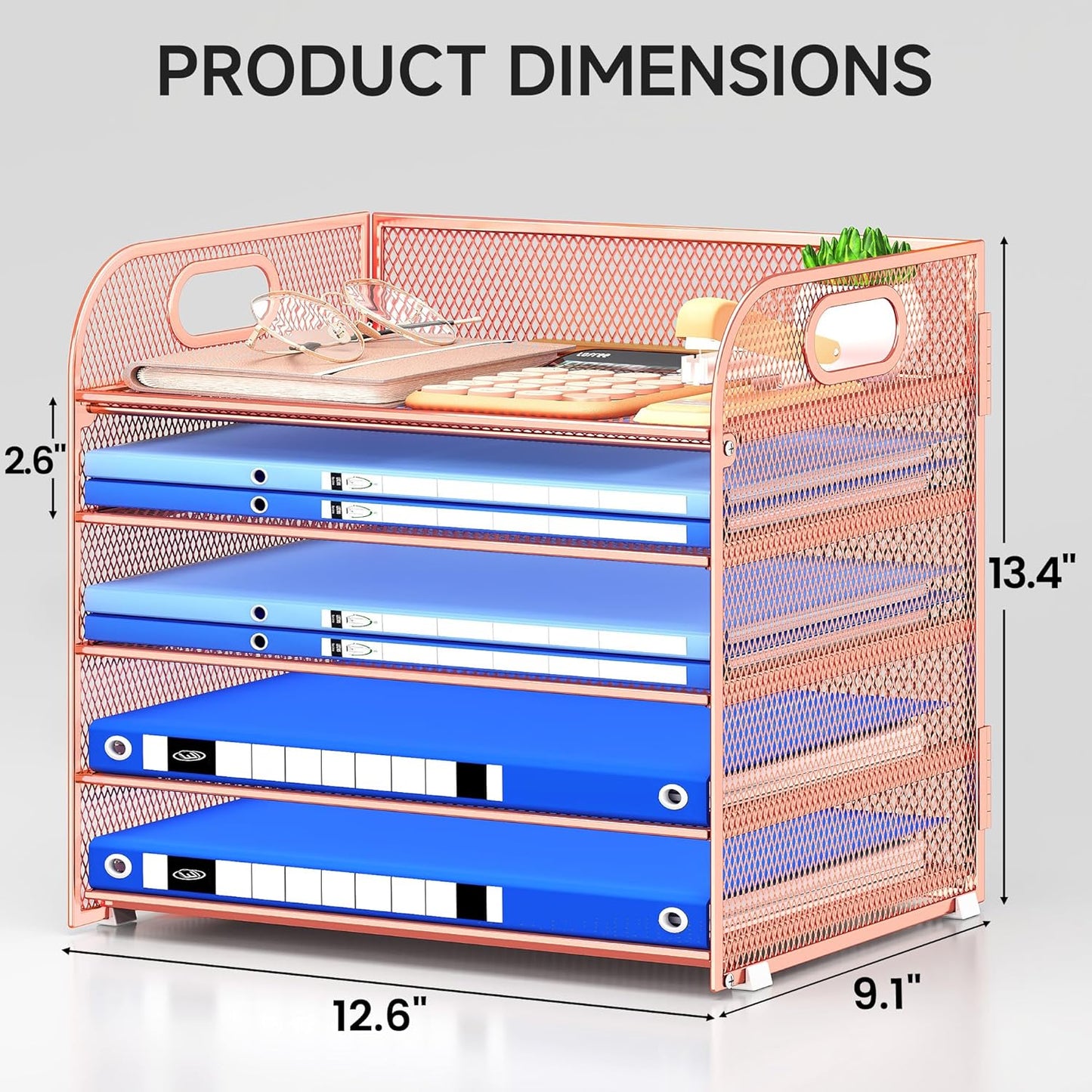 Paper Organizer Letter Tray with Handle, 5-Tier Black Stackable Desk Organizer with Metal Mesh, Sturdy Paper Tray for Office Desk, Home & Classroom Supplies Storage