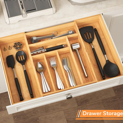 BAMEOS drawer organizer flatware organizer cutlery tray silverware organizer expandable adjustable bamboo drawer organizer kitchen bathroom