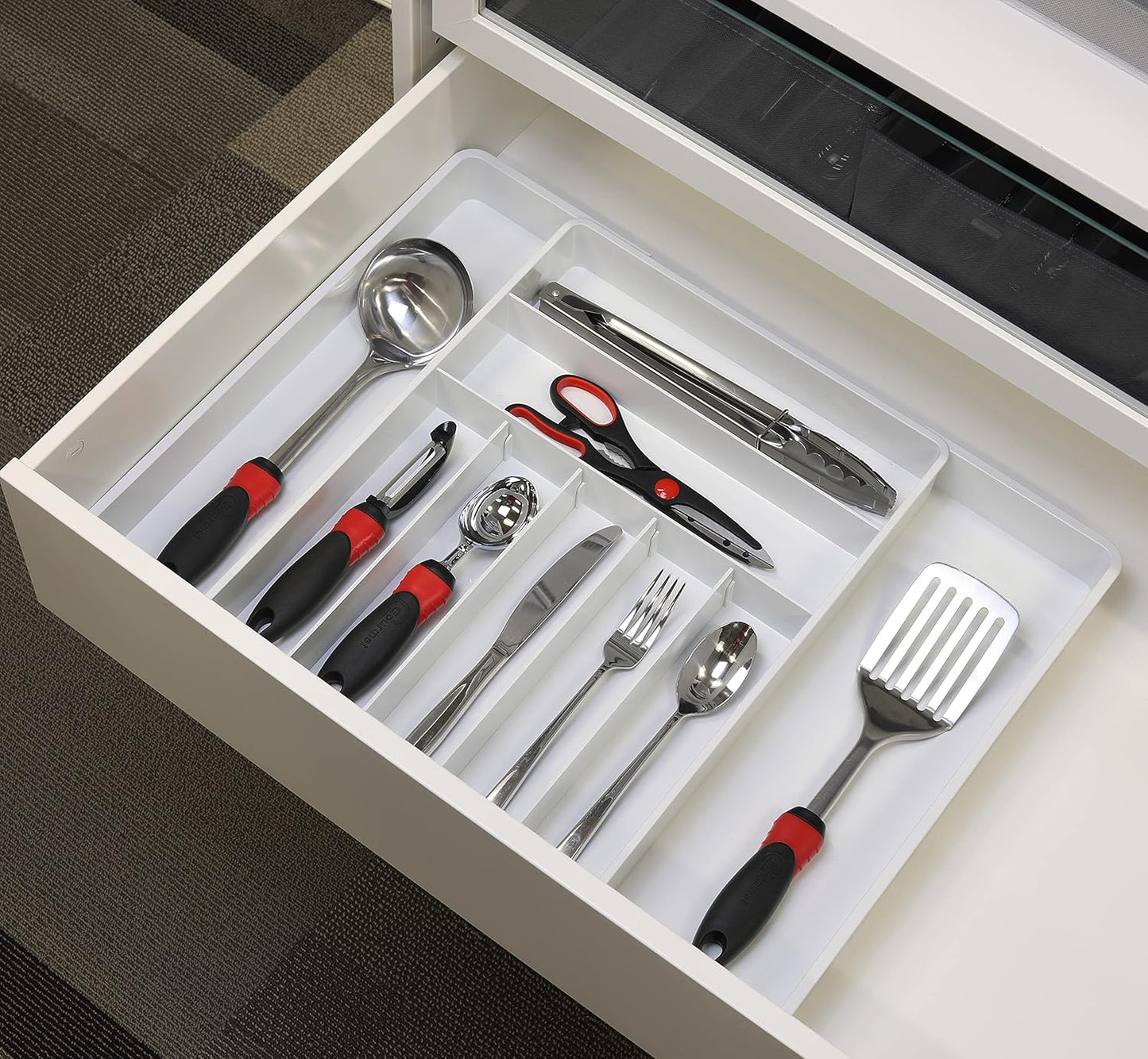 Simple Houseware Expandable & Adjustable Cutlery Drawer Organizer - Large Utensil and Flatware Tray for Kitchen Drawers, White