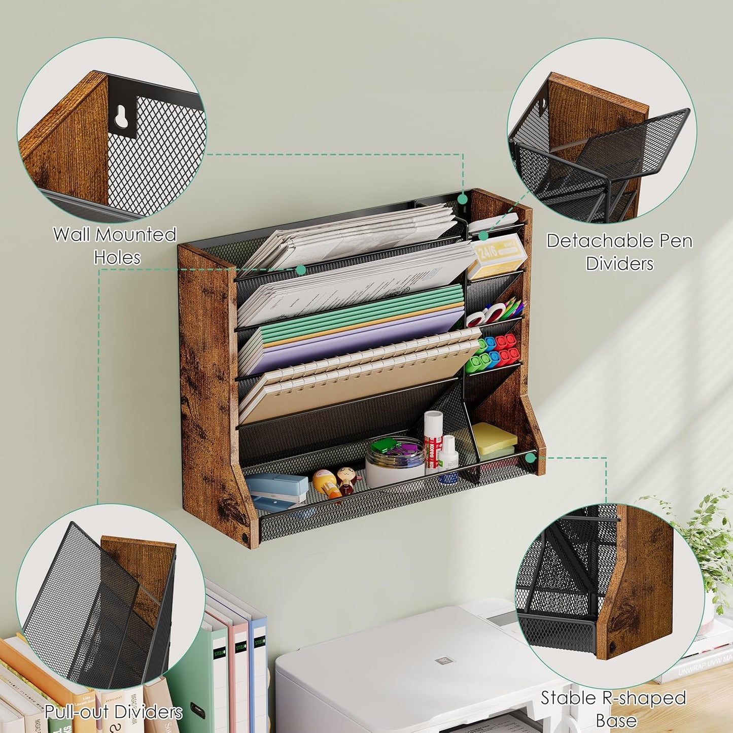 Jakyitvi File Organizer Wall Mounted, 4 Tiers Durable Adjustable Metal Desk Organizer, Desktop Hanging File Holder with 4 Pen Slots Stable, 4 Pull-Out Divider for File, Mail, Black, Patent Pending