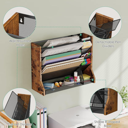 Jakyitvi File Organizer Wall Mounted, 4 Tiers Durable Adjustable Metal Desk Organizer, Desktop Hanging File Holder with 4 Pen Slots Stable, 4 Pull-Out Divider for File, Mail, Black, Patent Pending
