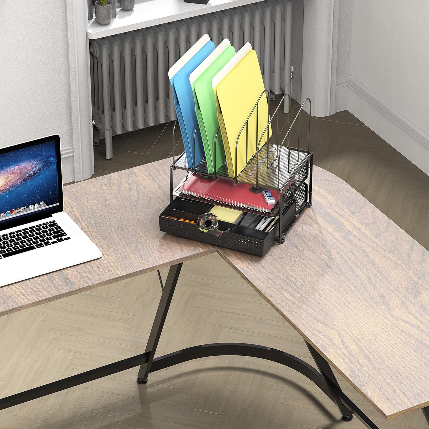 Deco Brothers Mesh Desk Organizer with Double Tray, 5 Upright Sections and Sliding Drawer, Black