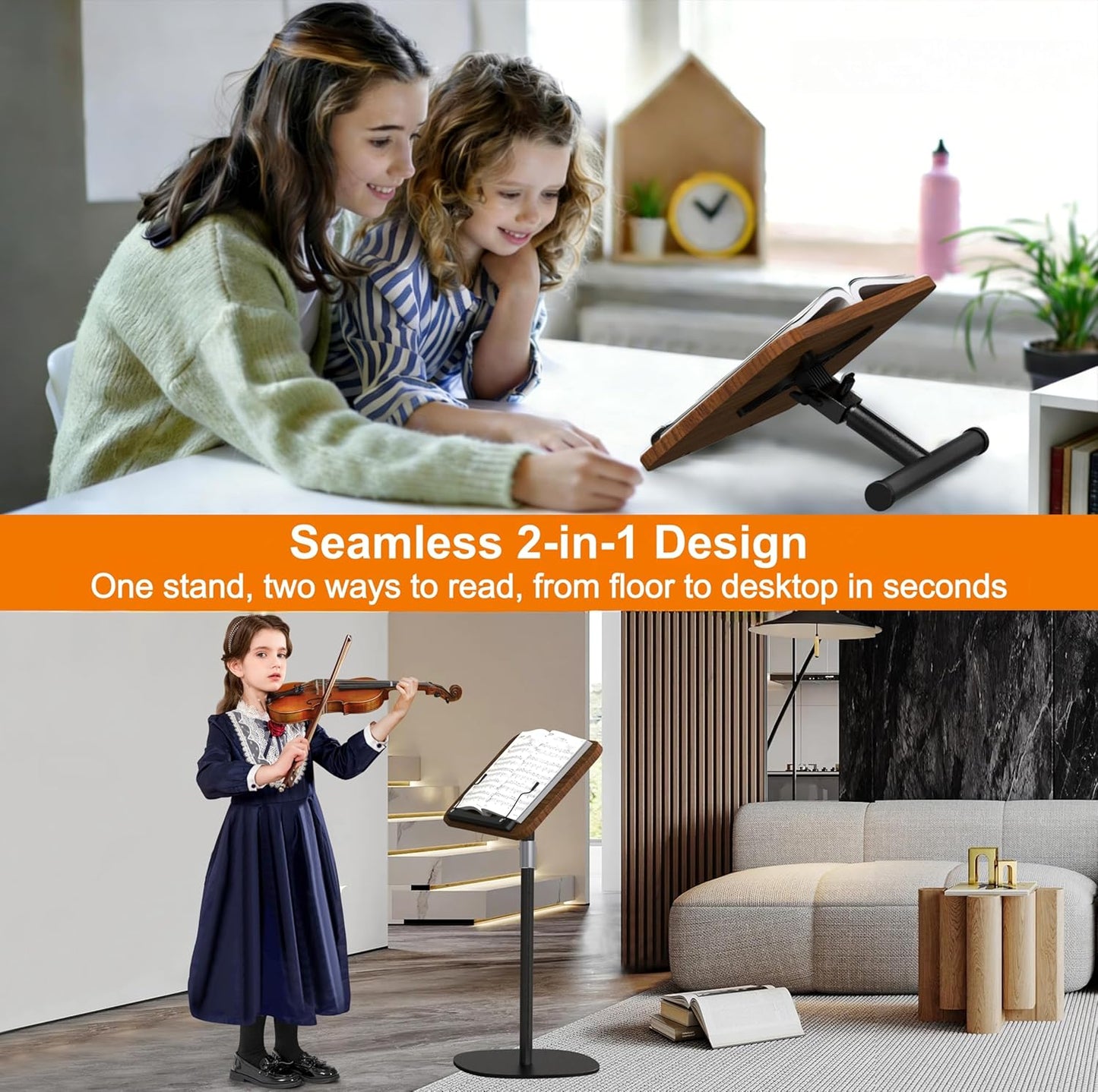 NAMON 2-in-1 Dual-use Floor & Desktop Book Stand, Sturdy Metal & Wood Build, Height Adjustable from 16.5" to 51", Floor Reading Stand for Sheet Music, Cookbooks, Projector (White, 11.8" x 16.5" Panel)