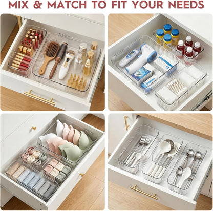 Expandable Drawer Organizer Set, Clear Adjustable Drawer Dividers, 4-Piece Storage Trays for Kitchen, Bathroom, Makeup, Office, Durable PET Material