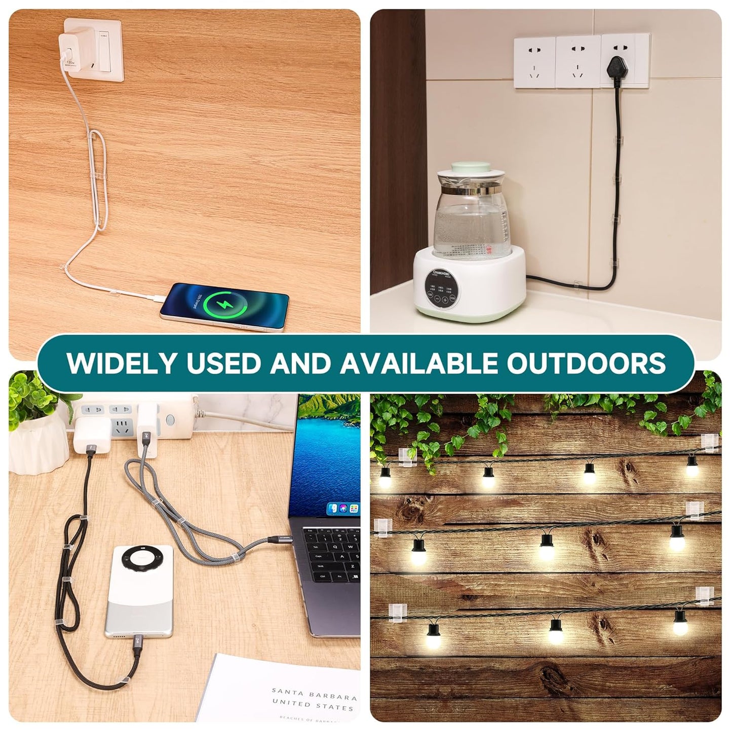 63pcs Black Cable Management,Adhesive Cable Clips,Cord Organizer ID 032" X0.2",Cord Clips for Wires on Wall,Under Desk,Nightstand,PC,TV,Outdoor Lights Strip,Plant Clips for Climbing Plants