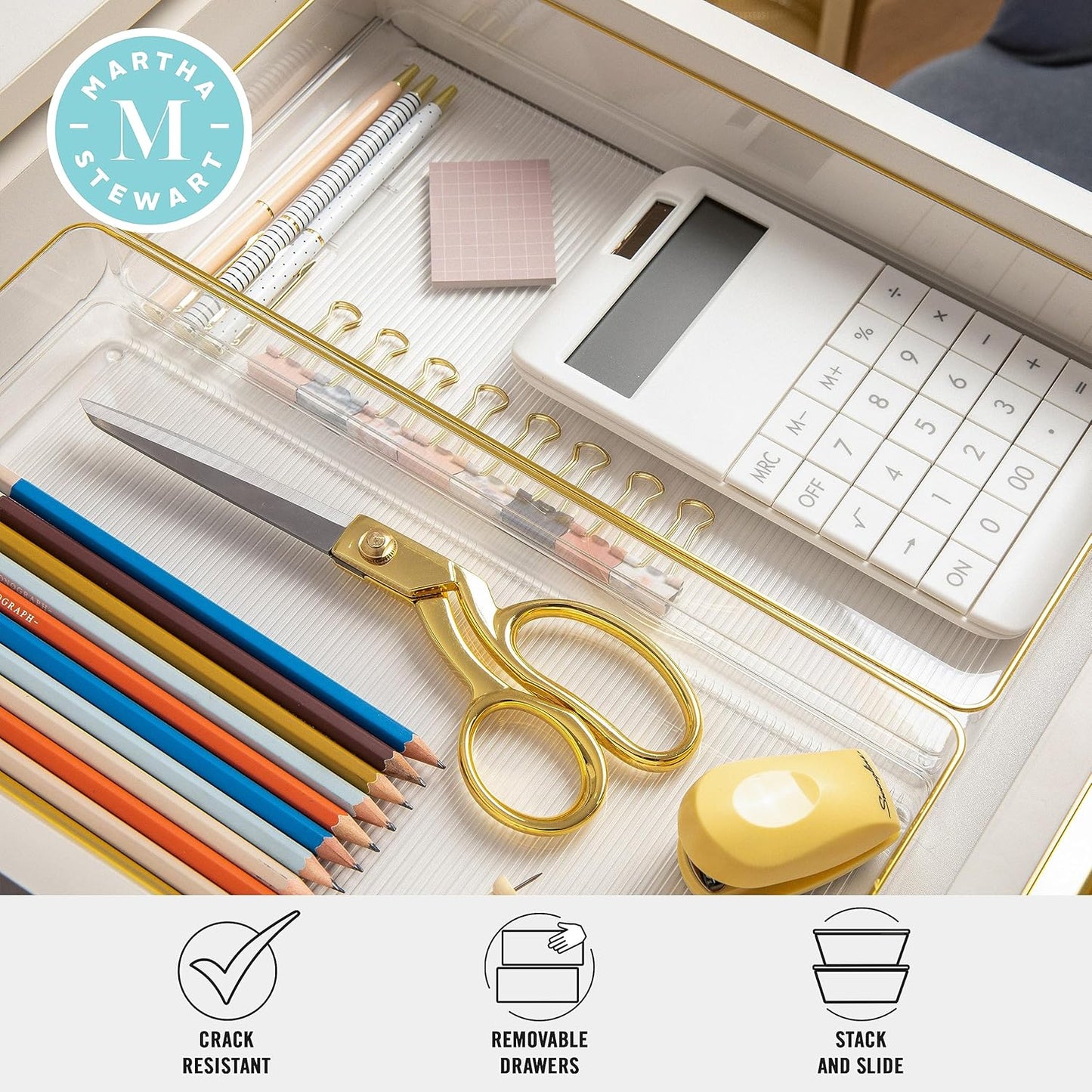 Martha Stewart Kerry Plastic Stackable Office Desk Drawer Organizers, 6" x 3", 6 Pack, with Gold Trim