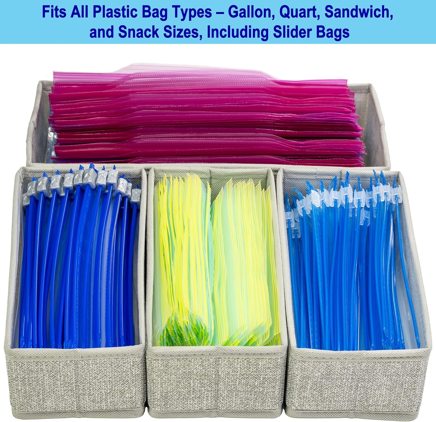 Storage Organizer – 4-Piece Rigid Fabric Bag Organizer for Gallon, Quart, Sandwich & Snack Bags, Kitchen Drawer Organizer for Utensils & Silverware
