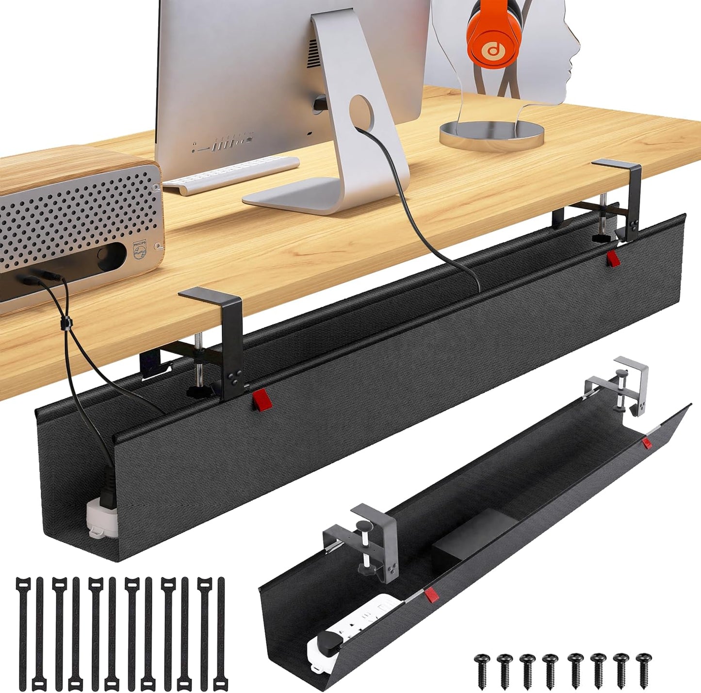 Under Desk Cable Management Tray - Under Desk Cord Management - Clamp/Screw Mount - Fabric Wire Management - Cable Raceways Tray Cord Hiders for Office/Home (Black, 35.8"×5.6")