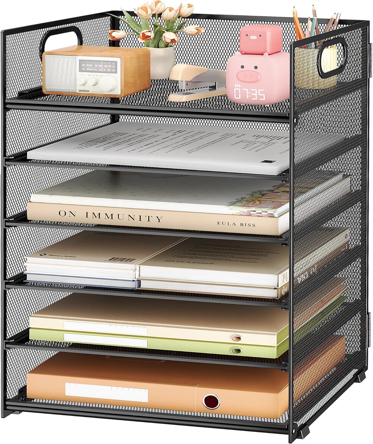 Subekyu 6 Tier Office File Paper Desk Tray Organizer with Handle, Stackable Slide Mesh Letter Tray Folder Blue Desk Organizer, Desktop Document Sorter for Classroom, Office, Home Supplies Storage