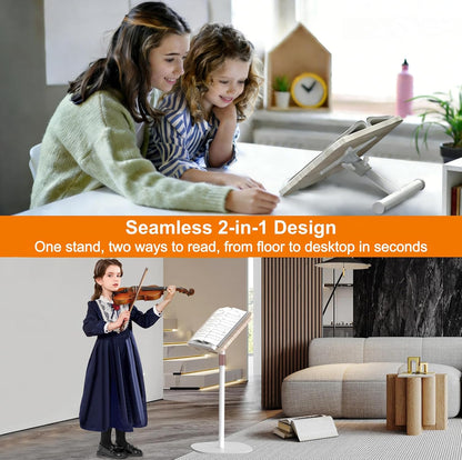 NAMON 2-in-1 Dual-use Floor & Desktop Book Stand, Sturdy Metal & Wood Build, Height Adjustable from 16.5" to 51", Floor Reading Stand for Sheet Music, Cookbooks, Projector (White, 11.8" x 16.5" Panel)