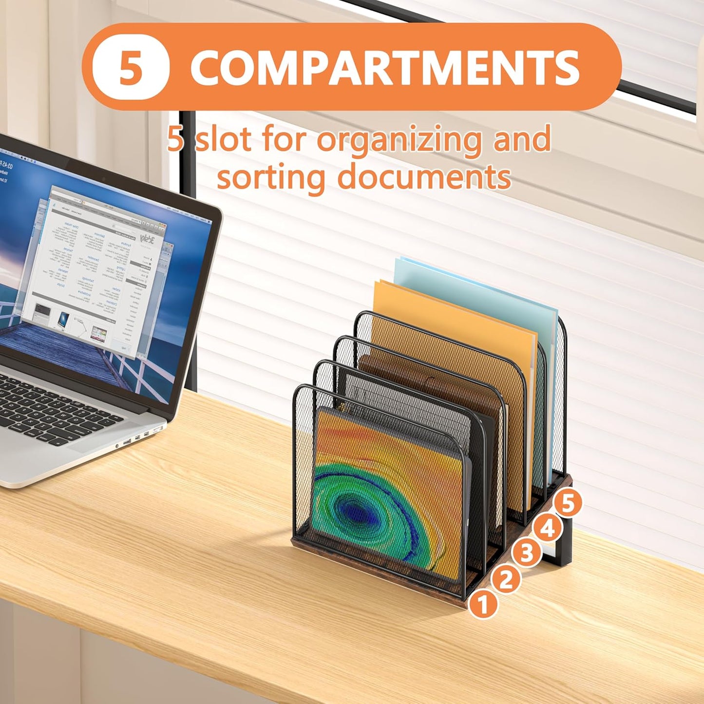 Piskyet Wooden Desk File Organizer, 5-Section Vertical File Folder Holder Stand,Metal Mail Paper Chromebook Organizer for Teacher Desk Office Classroom Desktop Organization（Inclined）
