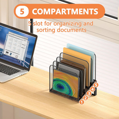 Piskyet Wooden Desk File Organizer, 5-Section Vertical File Folder Holder Stand,Metal Mail Paper Chromebook Organizer for Teacher Desk Office Classroom Desktop Organization（Inclined）