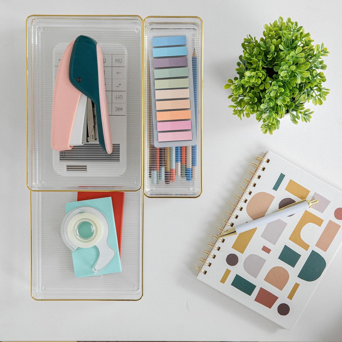 Martha Stewart Kerry Plastic Stackable Office Desk Drawer Organizers, Set of 8, with Gold Trim