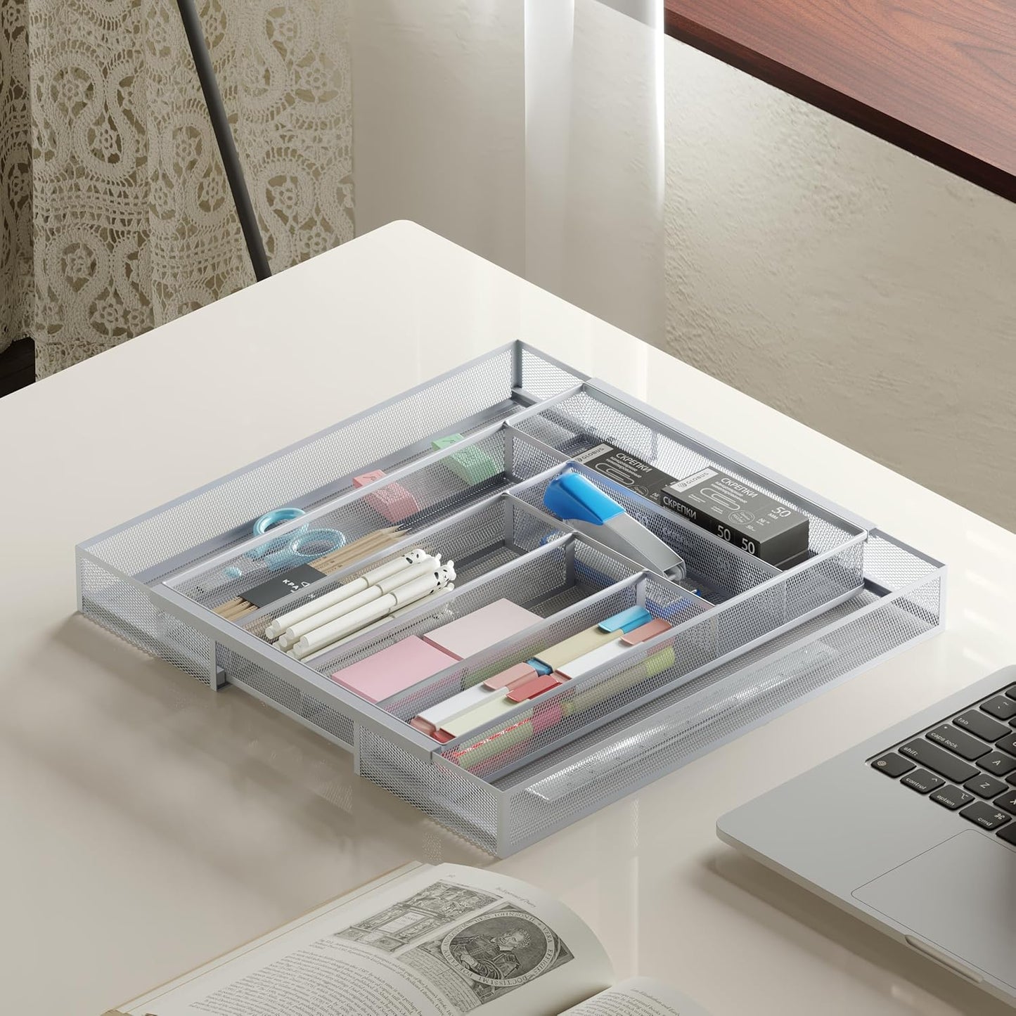 Sedegn Silverware Organizer Metal Mesh, Small Drawer Organizer, Utensil Cutlery Tray for kitchen drawers, Flatware Organizer with 5 Compartment, Black(9.3"*12.6")