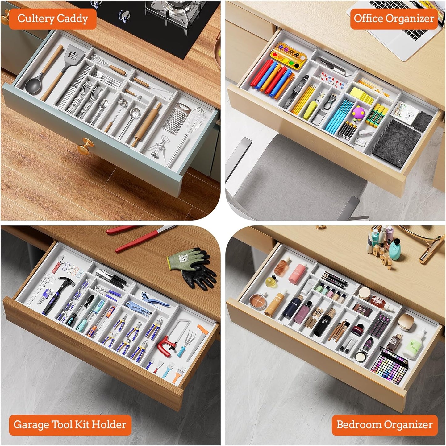 Silverware Organizer Large, Magnetic Connected Expandable 13 Slots Silverware Drawer Organizer From 21 to 37.4 Inches, Adjustable Flatware and Cutlery Holder, Bamboo Utensil Tray for Kitchen Natural