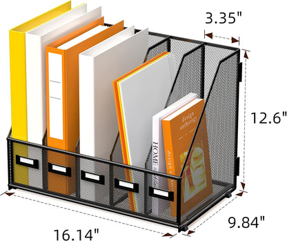 DALTACK 5 Vertical Compartments Magazine File Holder, Binder Organizer, Metal Desk Organizers for Office Home School Classroom Organization, Black