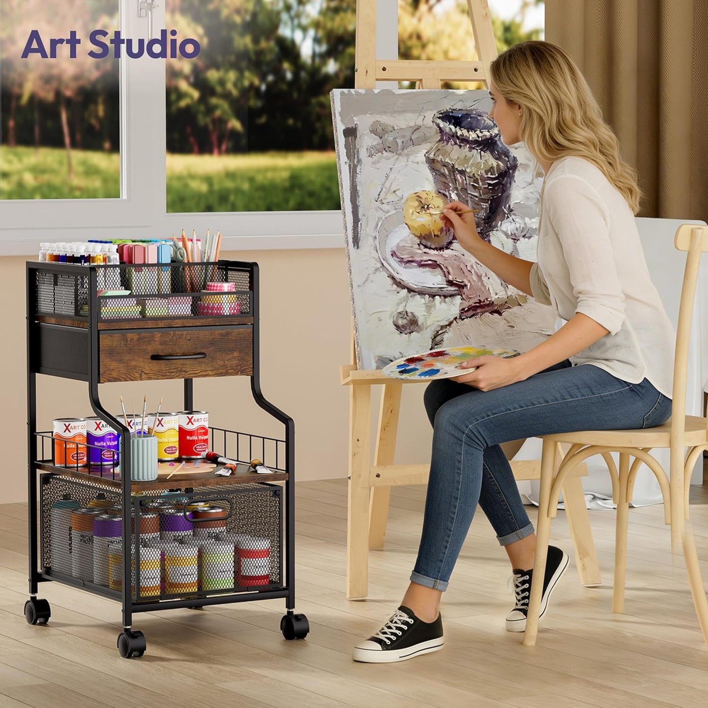 SWTYMIKI Rolling Under Desk Storage - Storage Cart with Drawers & DIY Divider - Art Cart Organizer on Wheels - Craft Rolling Utility Cart for Office, Craft Room & Studio Espresso