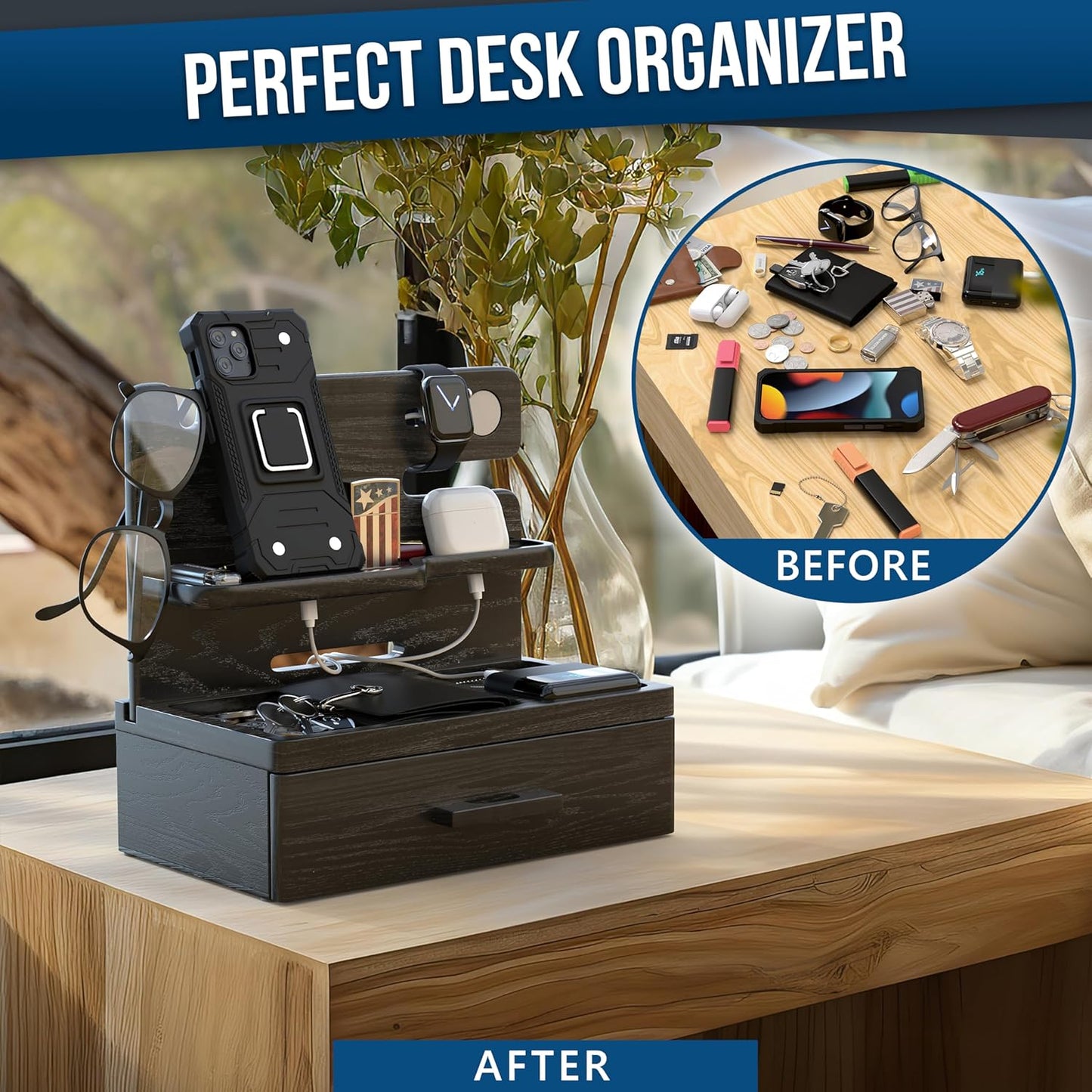 BarvA Phone Docking Station with Drawer Organizer | Night Stand Desk Charging Station | Upgraded Nightstand Organizer | Dresser Smart Watch Earbuds Phone Stand | Room Decor Gifts for Women Men Mom