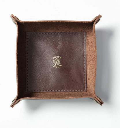 USA Handmade Premium Leather Valet Tray, Folds Flat! Dice Rolling Basket and Organizer with Brass Snaps - Reinforced Base - for Keys, Jewelry, Coin, EDC, Watch Storage Caddy - Black XLarge