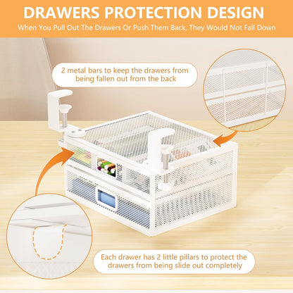 Sliding Under Desk Drawer Organizer No Drilling 2 Drawers Slide Out Desktop Or Under Table Storage Metal Clamp On Desk Drawer Attachment Anti-Slip Desktop Organizer for Home & Office, White