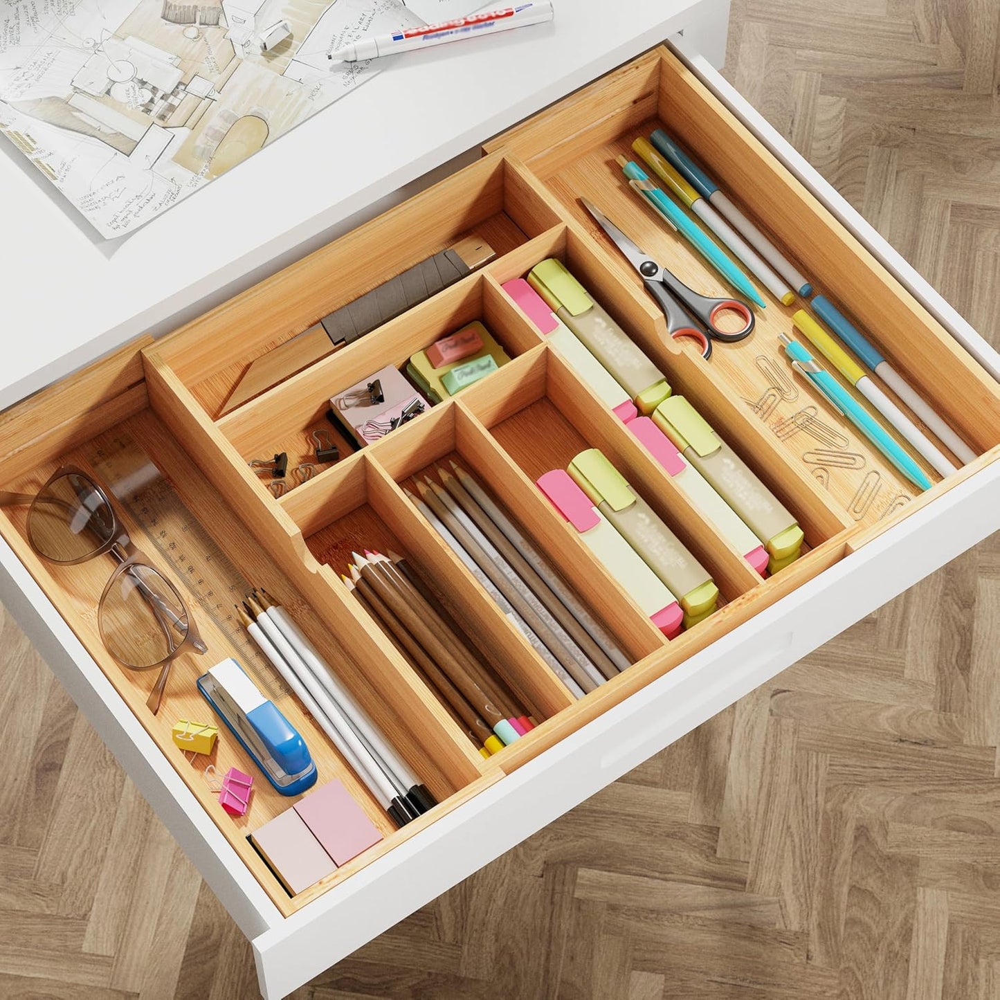 BAMEOS drawer organizer flatware organizer cutlery tray silverware organizer expandable adjustable bamboo drawer organizer kitchen bathroom