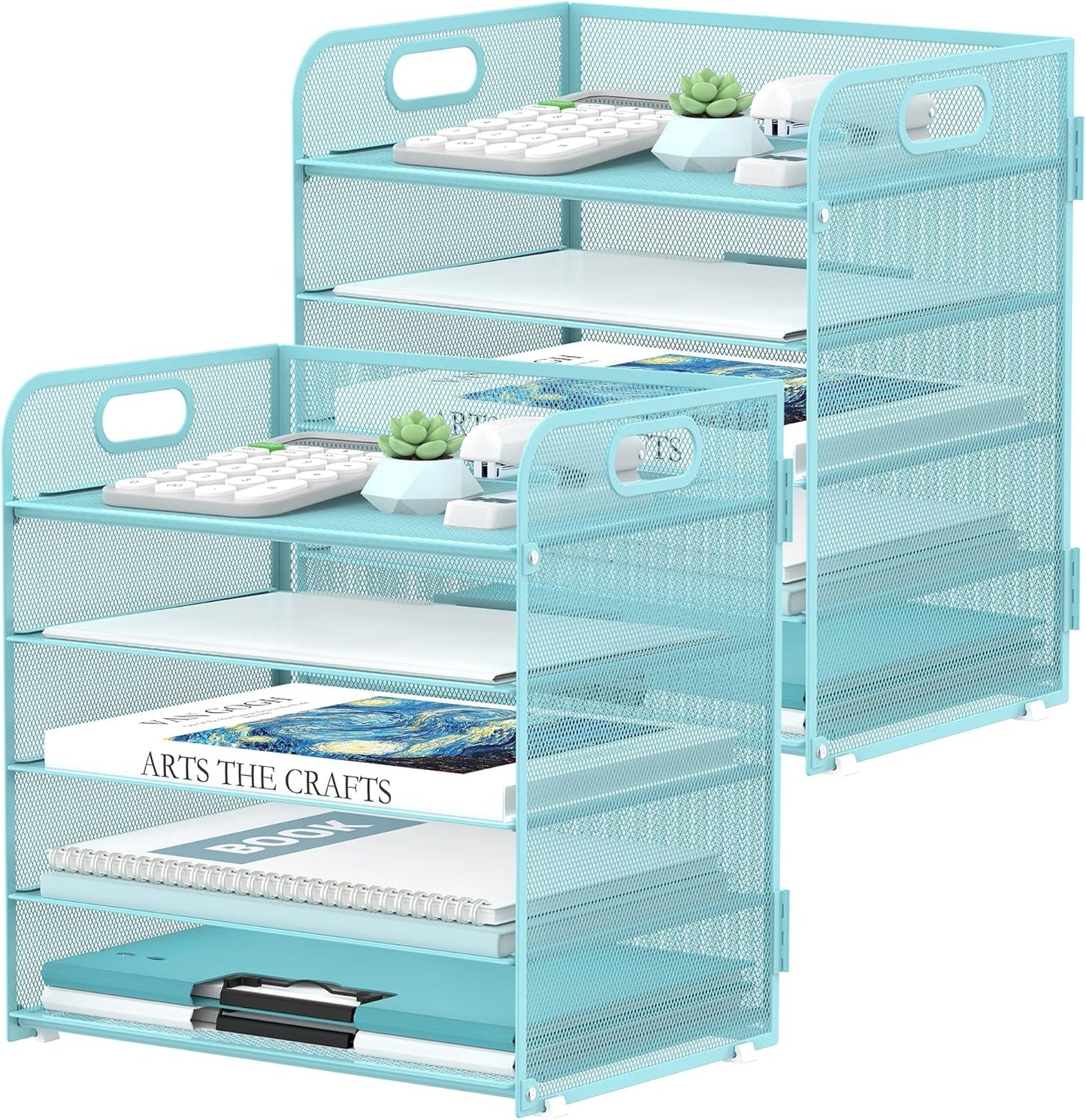 Supeasy 5 Trays Paper Organizer Letter Tray with Handle-Mesh Desk File Holders, Paper Sorter Desk Organizer for Office, Home, Classroom or School, White