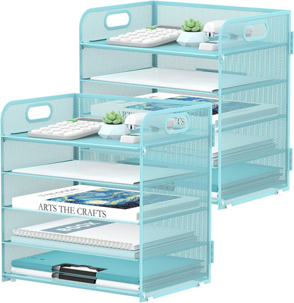 Supeasy 5 Trays Paper Organizer Letter Tray with Handle-Mesh Desk File Holders, Paper Sorter Desk Organizer for Office, Home, Classroom or School, White