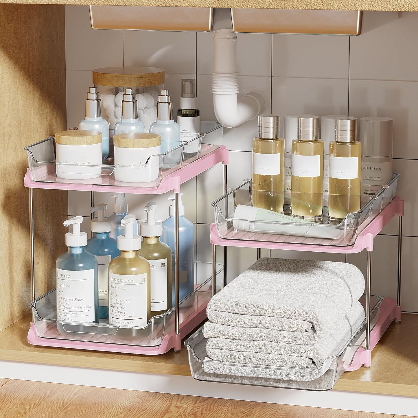 Delamu 2-Tier Multi-Purpose Bathroom Under Sink Organizers and Storage, Stackable Kitchen Pantry Organization, Pull Out Medicine Cabinet Organizer with Movable Dividers, White, 2 Pack