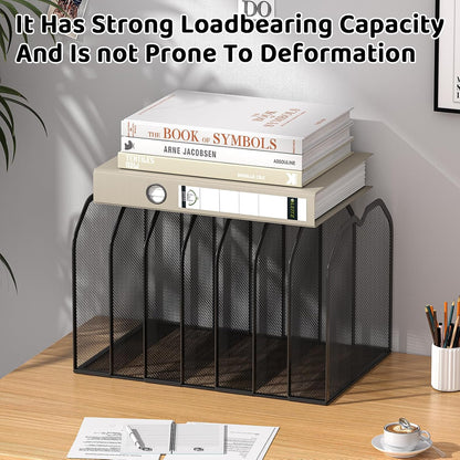 FANXIYQ Metal 7-Section File Folder Organizer for Desk | Vertical Office File Holder | Heavy-Duty Mesh Document Sorter for Books, Binders, Laptops | Black Desk Organizer (12.8”x8.5”x7.9”)