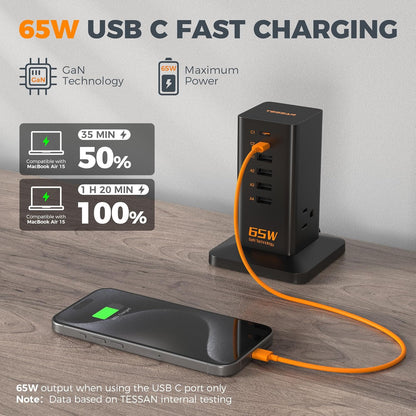 Charging Station for Multiple Devices, TESSAN 9-in-1 USB C Power Strip for iPhone 17/16/15, MacBook, Tablet, Desktop Phone Fast Charger with 3 AC, USB Charger, Home Drom Office Accessories, White-65W