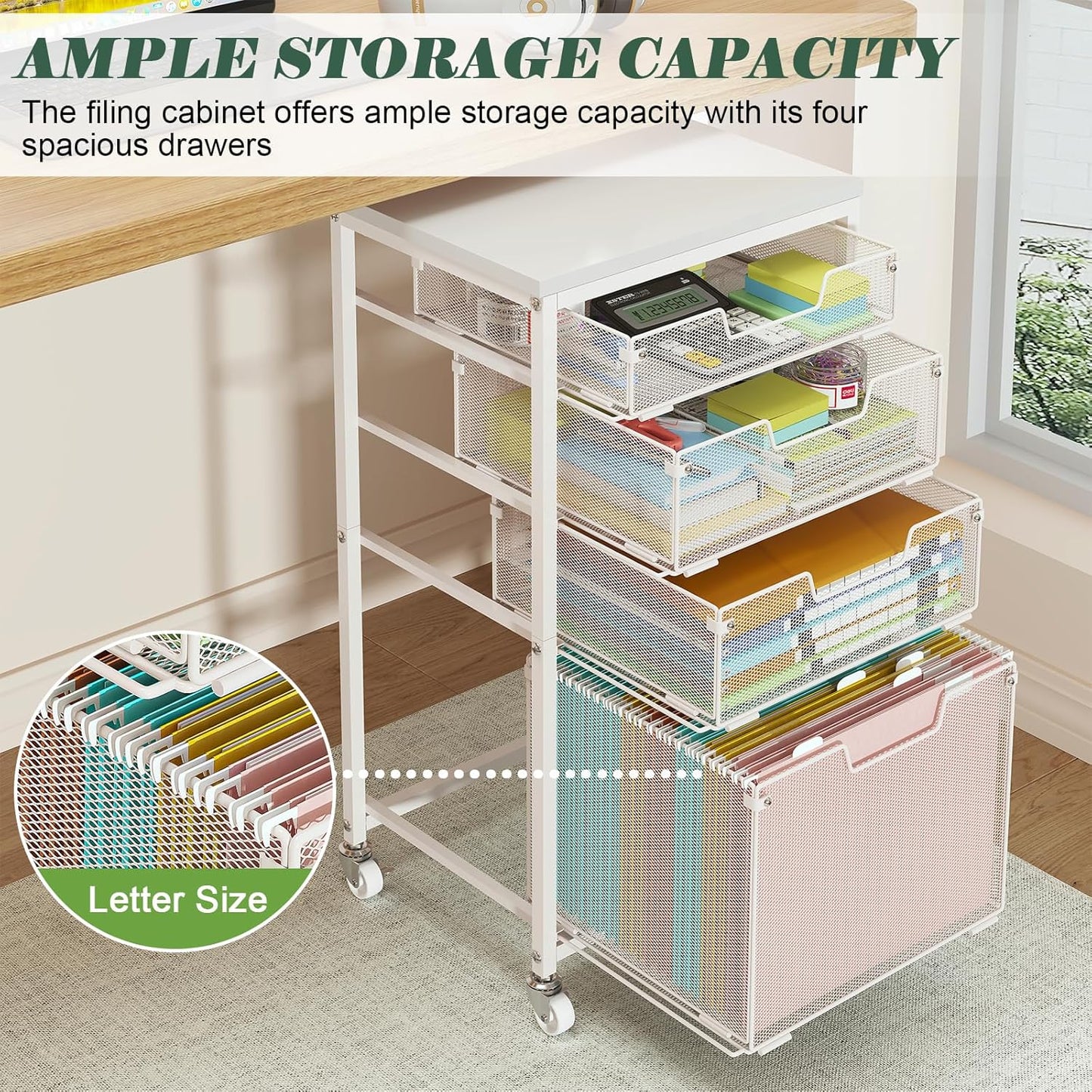 Sbanmao Rolling File Cart with 4 Storage Drawers, Mobile File Cabinet with Wheels, Hanging File Organizer, Under Desk Printer Stand Utility Cart Filing Cabinet for Home Office, Black