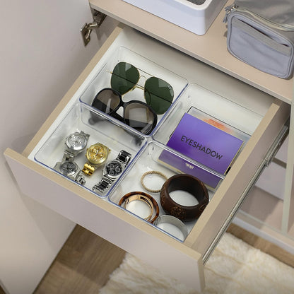 Acrimet Drawer Organizer Modular, Box Tray Storage Bins for Office, Home, Makeup, Kitchen, Junk Drawer ( 4 Pieces) (Clear Crystal Plastic)