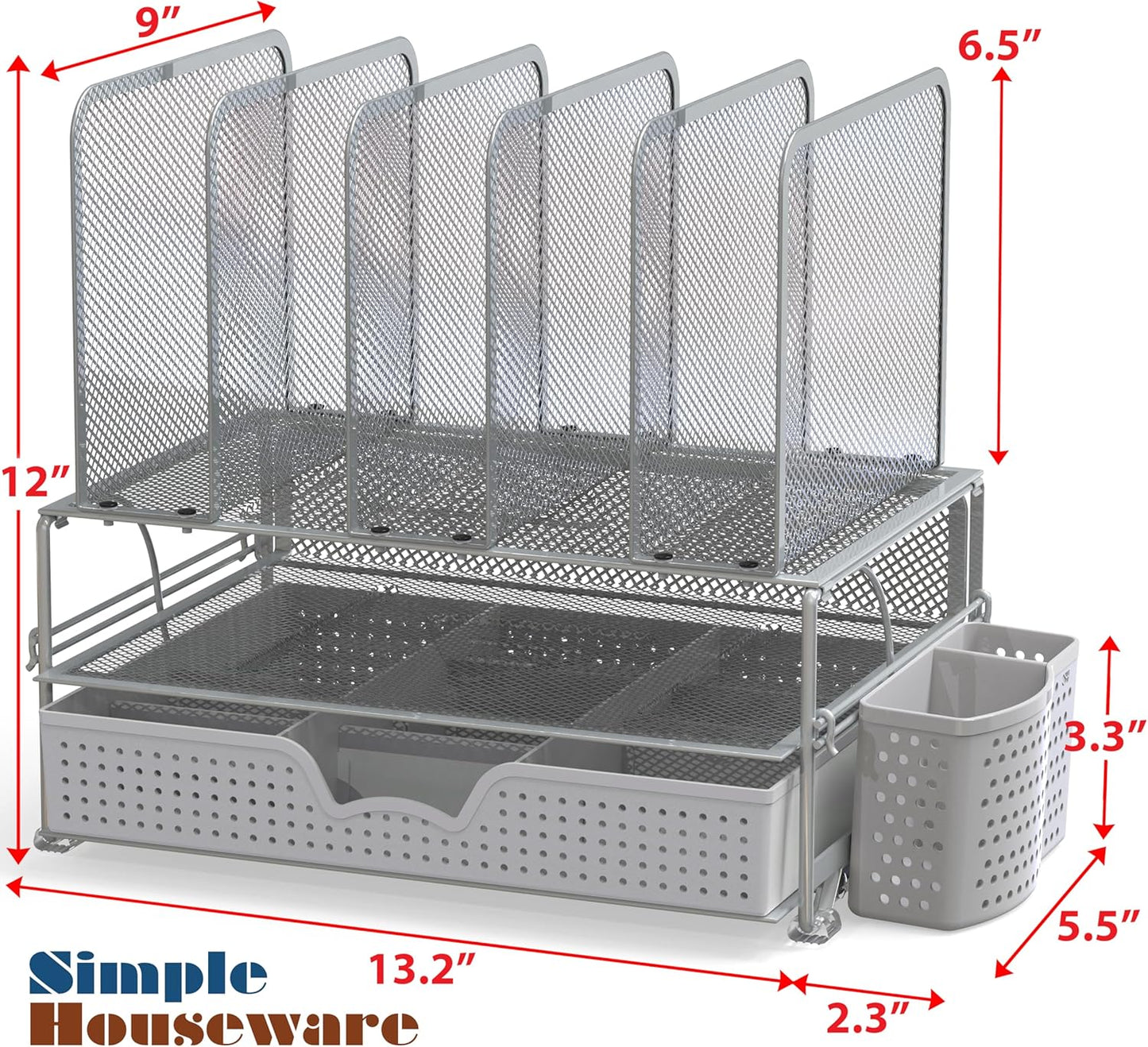 Simple Houseware Mesh Desk Organizer with Sliding Drawer, Double Tray and 5 Upright Sections, Black